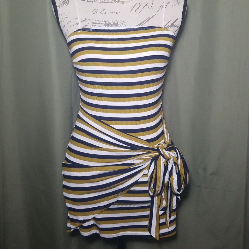 Cute bodycon yellow striped tie cami dress